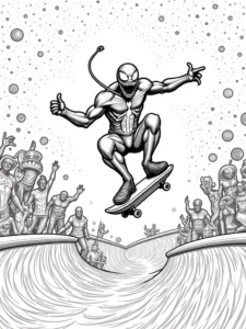A coloring page of Venom skateboarding in space