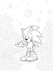 A coloring page of Super Sonic gardening adventure