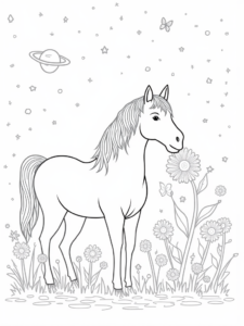 A coloring page of Unicorn exploring a cosmic garden