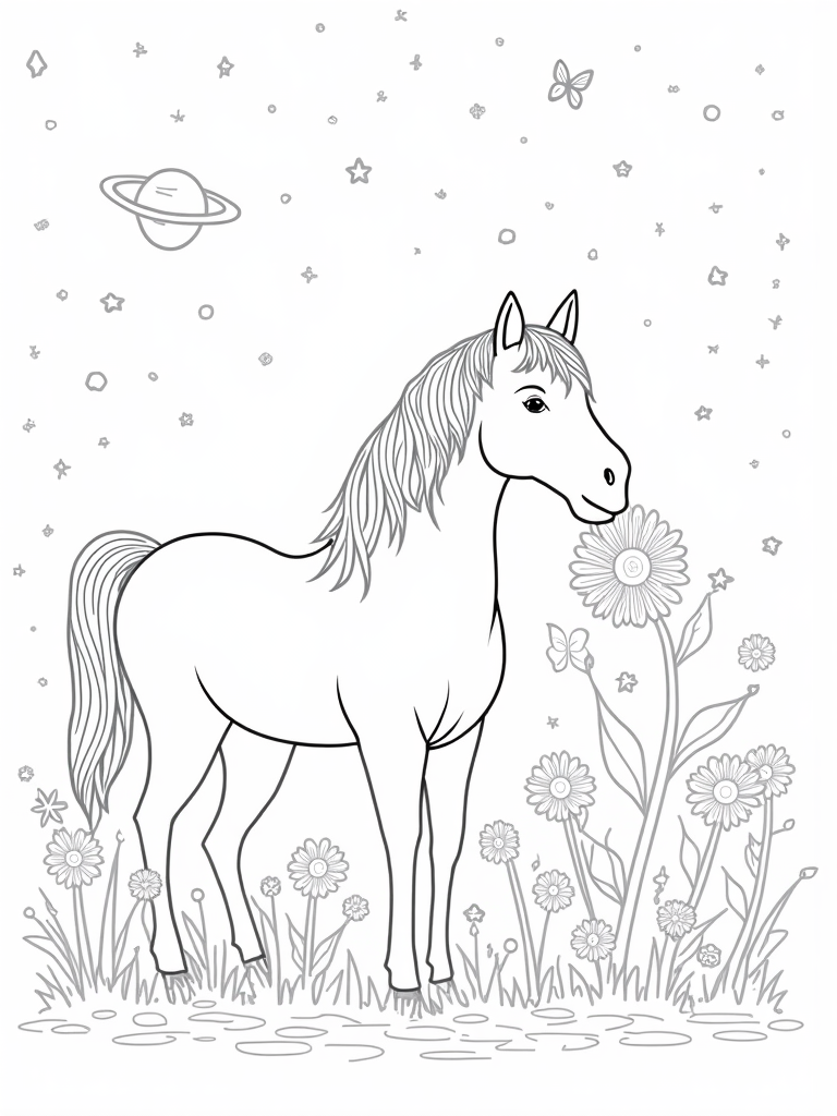 Unicorn exploring a cosmic garden coloring pages