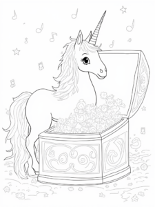A coloring page of Unicorn exploring a music box