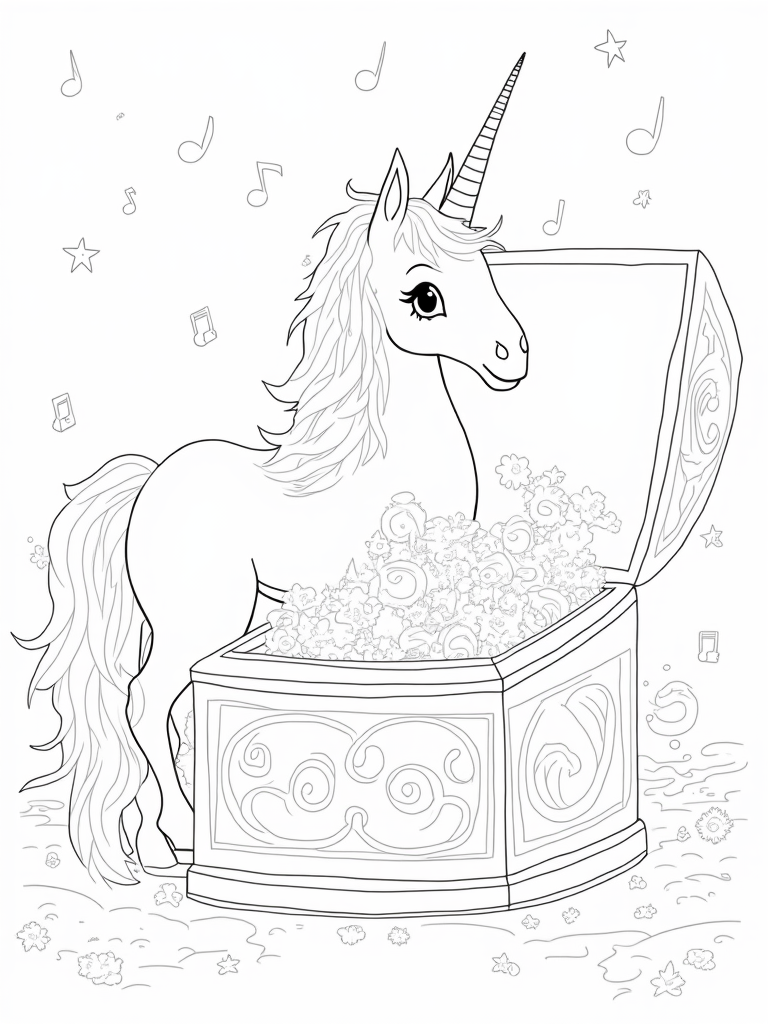 Unicorn exploring a music box coloring pages
