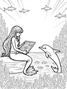 A coloring page of Mermaid cartographer mapping wonders