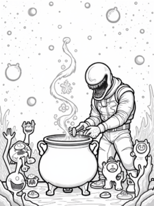 A coloring page of Venom’s galactic potion party
