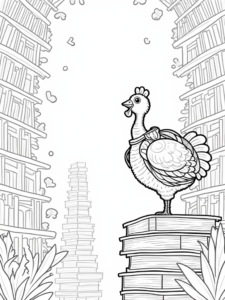 A coloring page of Turkey exploring a fantasy library