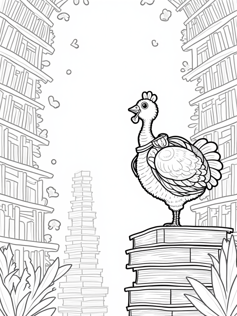 Turkey exploring a fantasy library