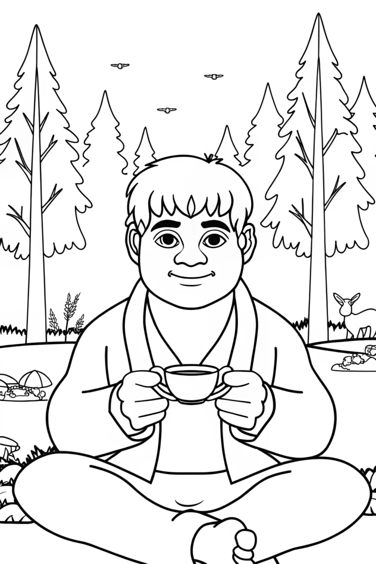 Hulk enjoying tea in the forest coloring pages