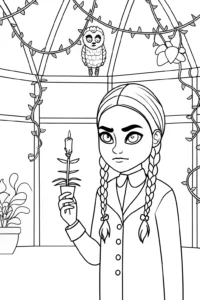 A coloring page of Wednesday Addams in a greenhouse