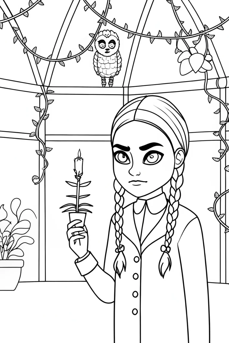 Wednesday Addams in a greenhouse coloring pages