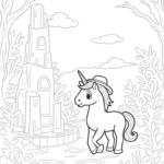 Unicorn exploring ancient ruins