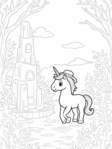 A coloring page of Unicorn exploring ancient ruins