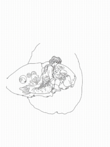 A coloring page of Mermaid time traveler in a clam