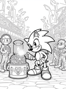 A coloring page of Super Sonic’s time capsule discovery