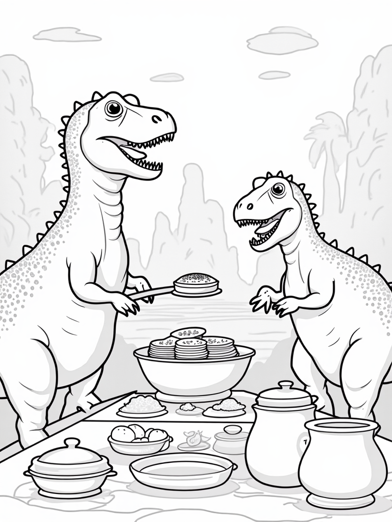 Dinosaurs cooking pancakes
