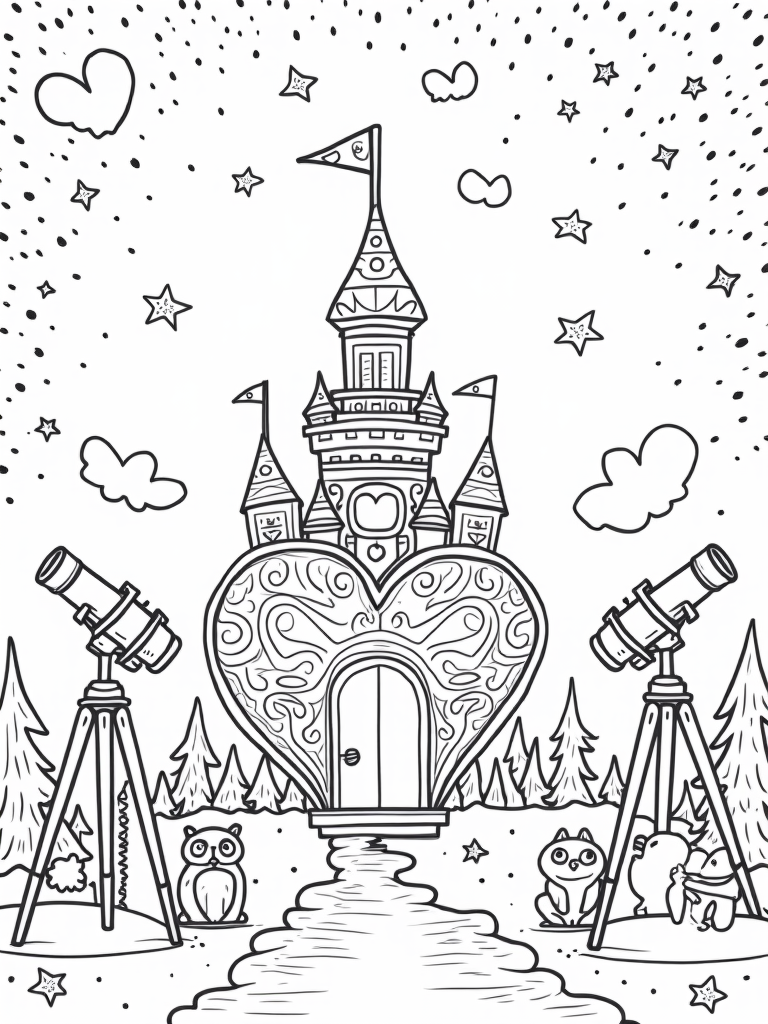 Heart-shaped observatory of love coloring pages