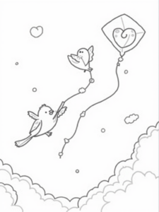 A coloring page of Lovebirds flying heart kites