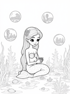 A coloring page of Mermaid sculpting in a bubble workshop