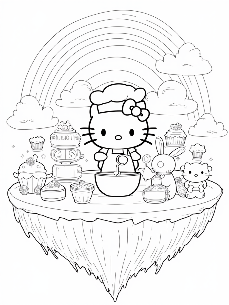 Hello Kitty baking on a floating island