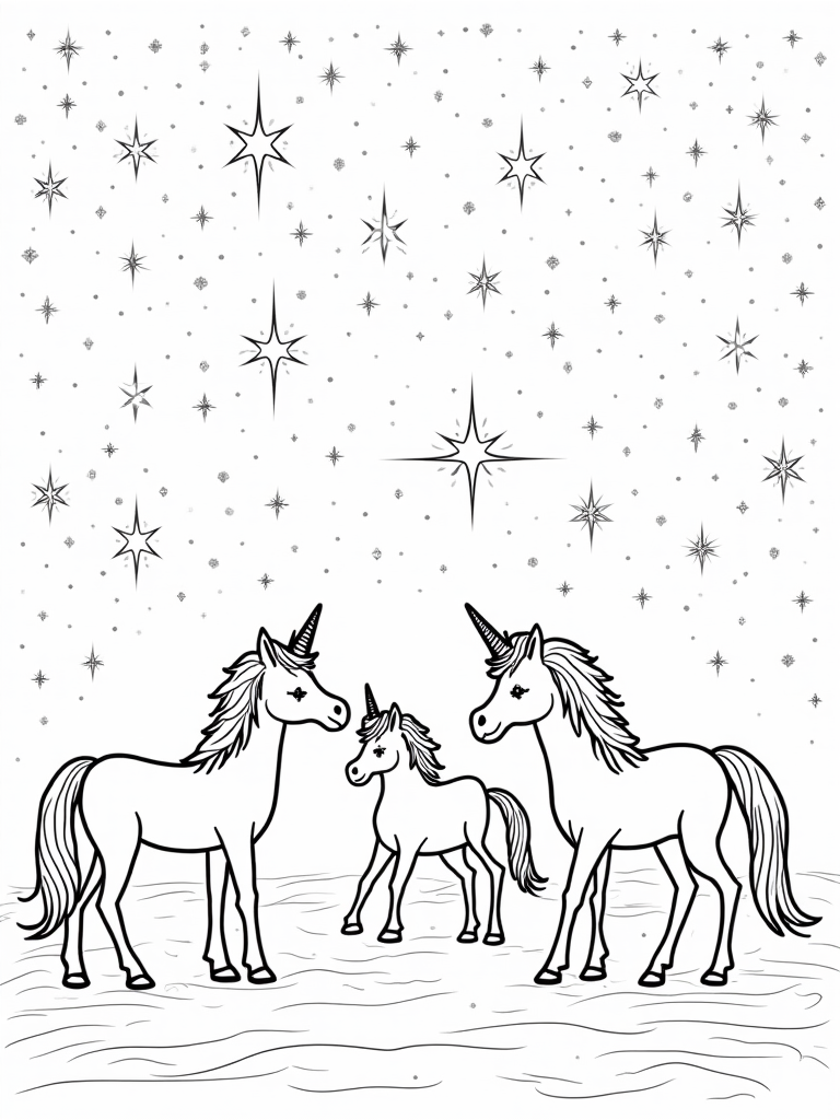 Unicorns creating constellations coloring pages