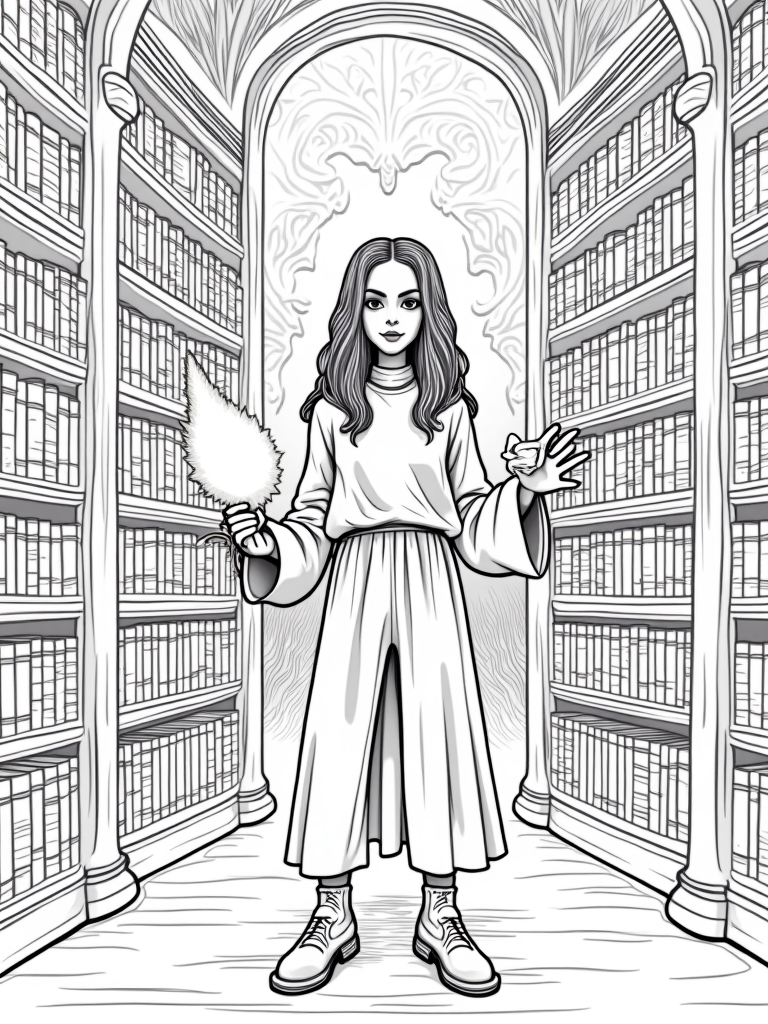 Wednesday Addams in a library coloring pages
