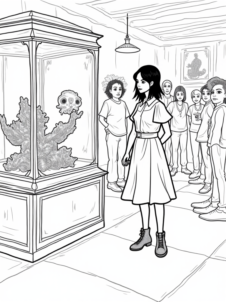 Wednesday exploring a museum coloring pages