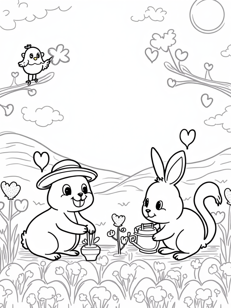 Bunny and squirrel in a heart garden coloring pages