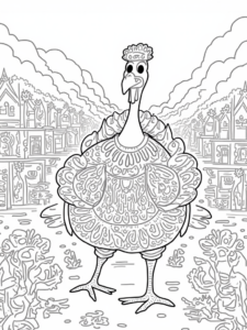 A coloring page of Turkey in a multicultural outfit