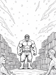 A coloring page of Hulk exploring a cosmic library