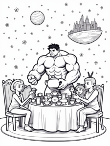 A coloring page of Hulk hosting a tea party