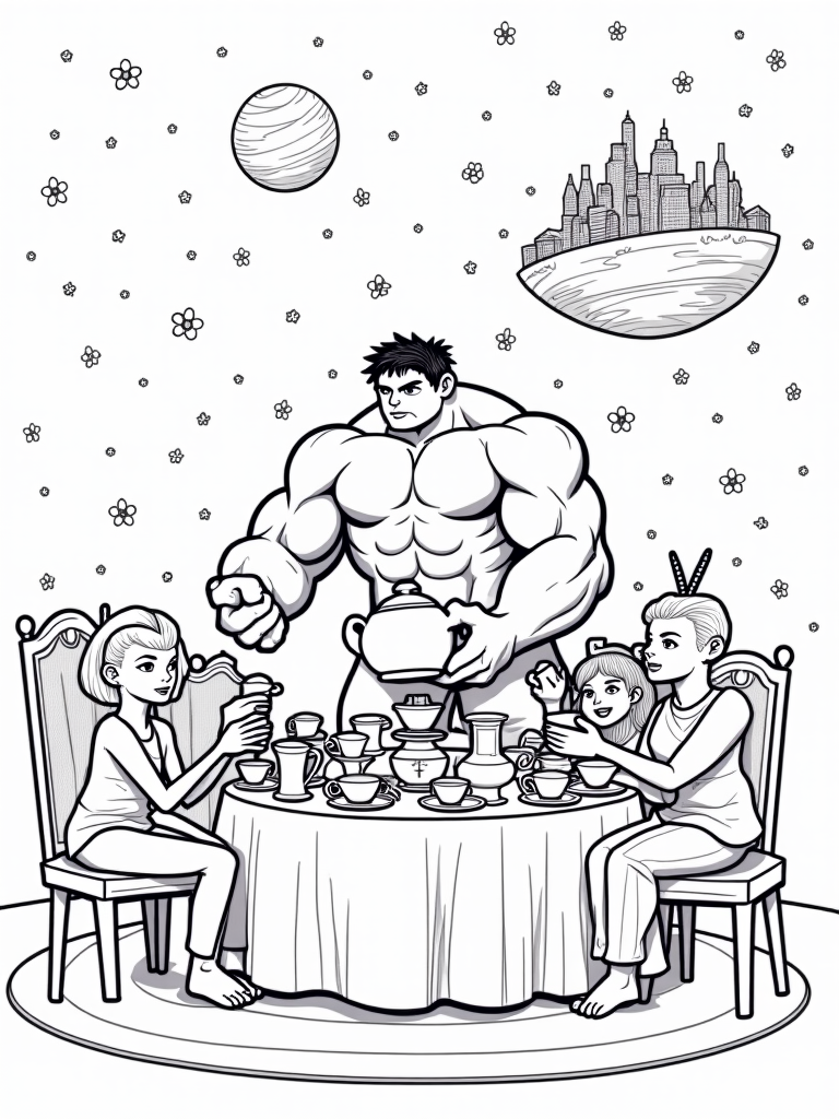 Hulk hosting a tea party coloring pages