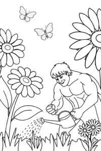 A coloring page of Hulk watering a magical garden