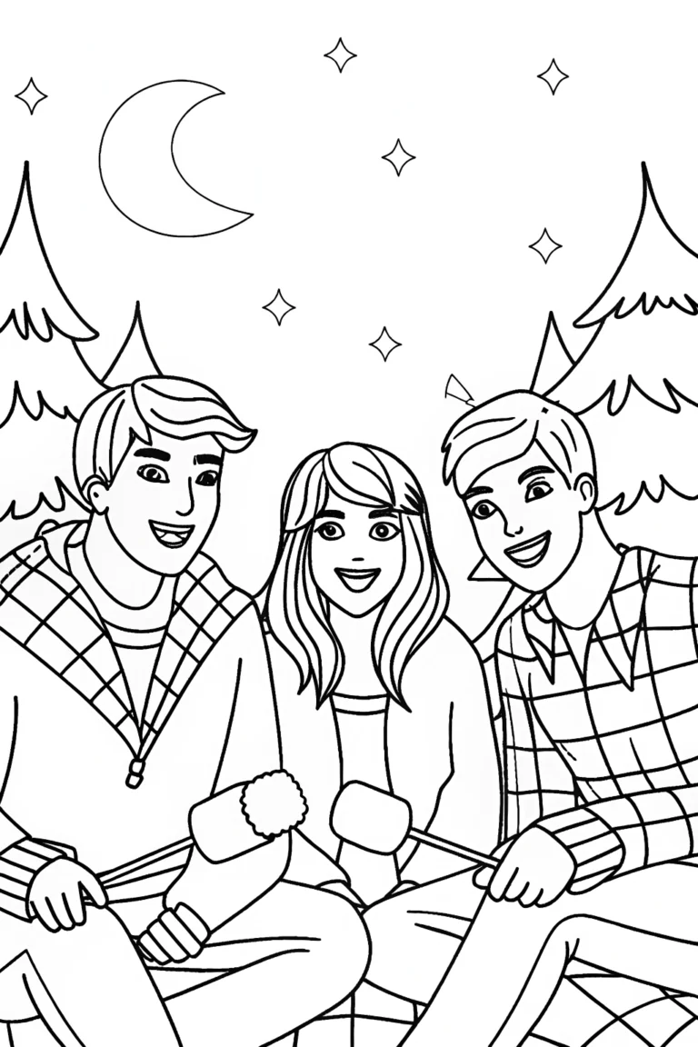Friends around a campfire coloring pages