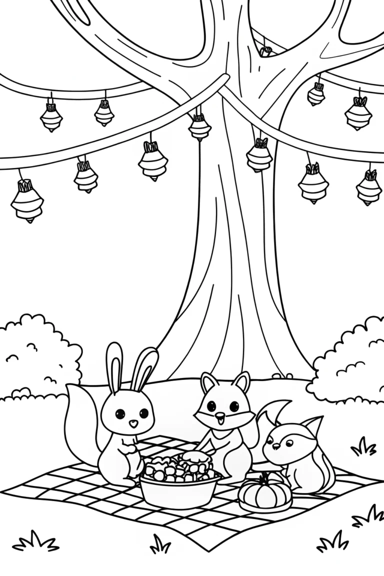 Thanksgiving picnic with woodland animals coloring pages