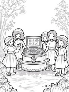 A coloring page of Thanksgiving time capsule gathering