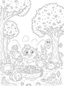 A coloring page of Thanksgiving at the enchanted orchard