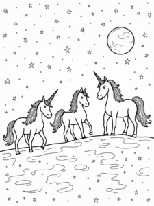 A coloring page of Unicorns navigating a celestial maze