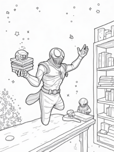 A coloring page of Venom as a galactic librarian