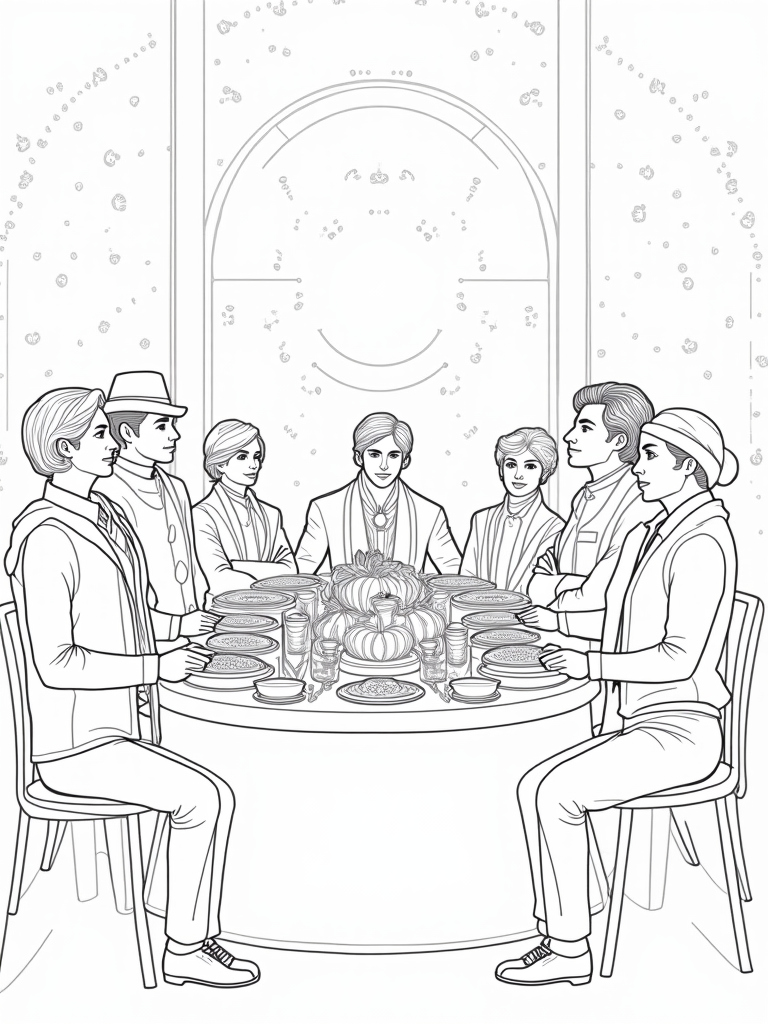 Thanksgiving time travelers’ feast coloring pages