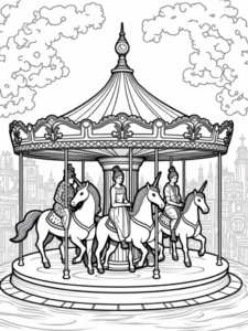 A coloring page of Unicorns on a magical carousel