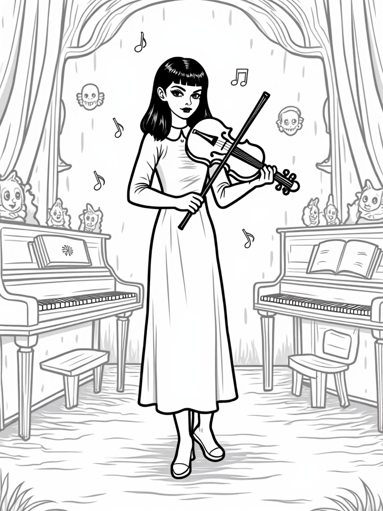 Wednesday Addams in the haunted music room coloring pages