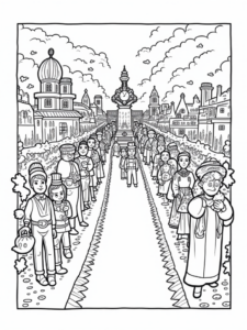 A coloring page of Thanksgiving parade of inventions