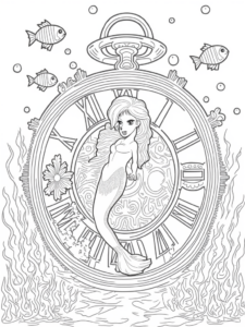 A coloring page of Mermaid adjusting the tidal clock