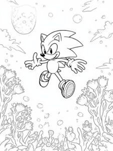 A coloring page of Super Sonic in the dream garden
