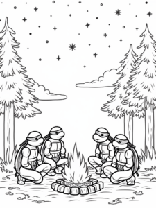 A coloring page of Teenage Mutant Ninja Turtles camping