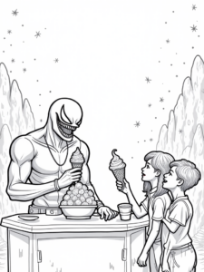 A coloring page of Venom serving ice cream