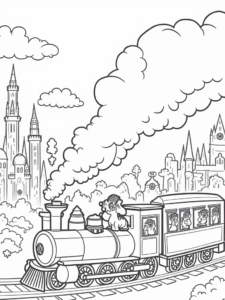A coloring page of Unicorns on a time-traveling train
