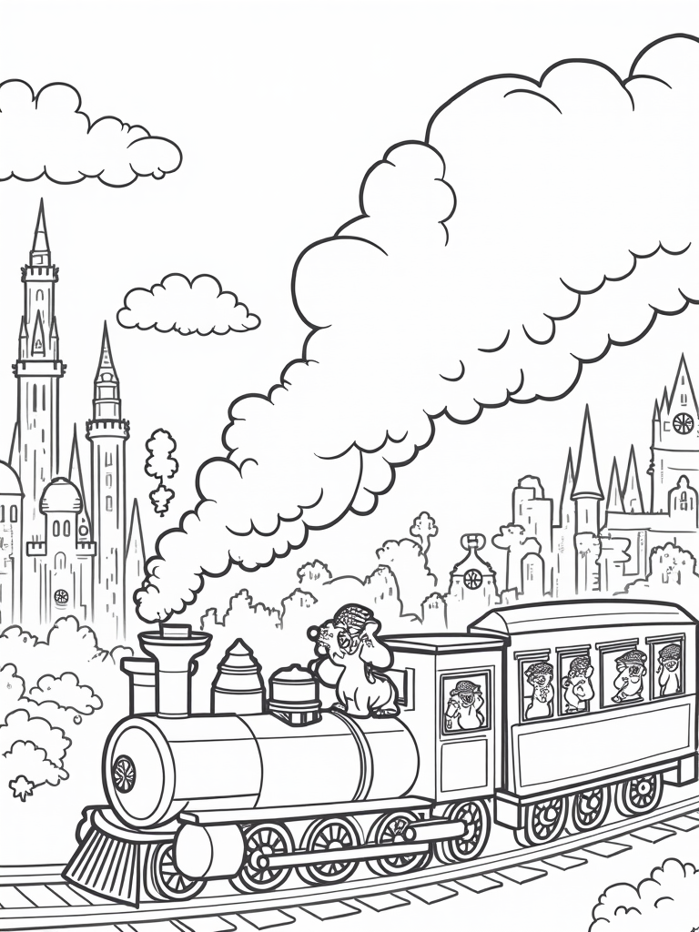 Unicorns on a time-traveling train coloring pages