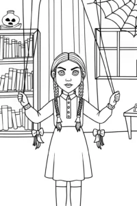 A coloring page of Wednesday Addams with shadow puppets