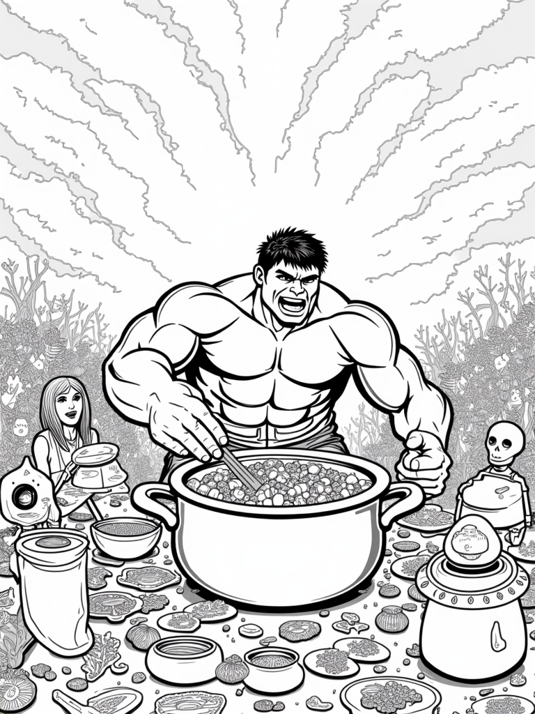 Hulk cooking in a galactic contest coloring pages