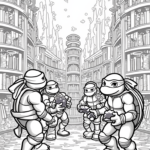 Turtles exploring a magical library